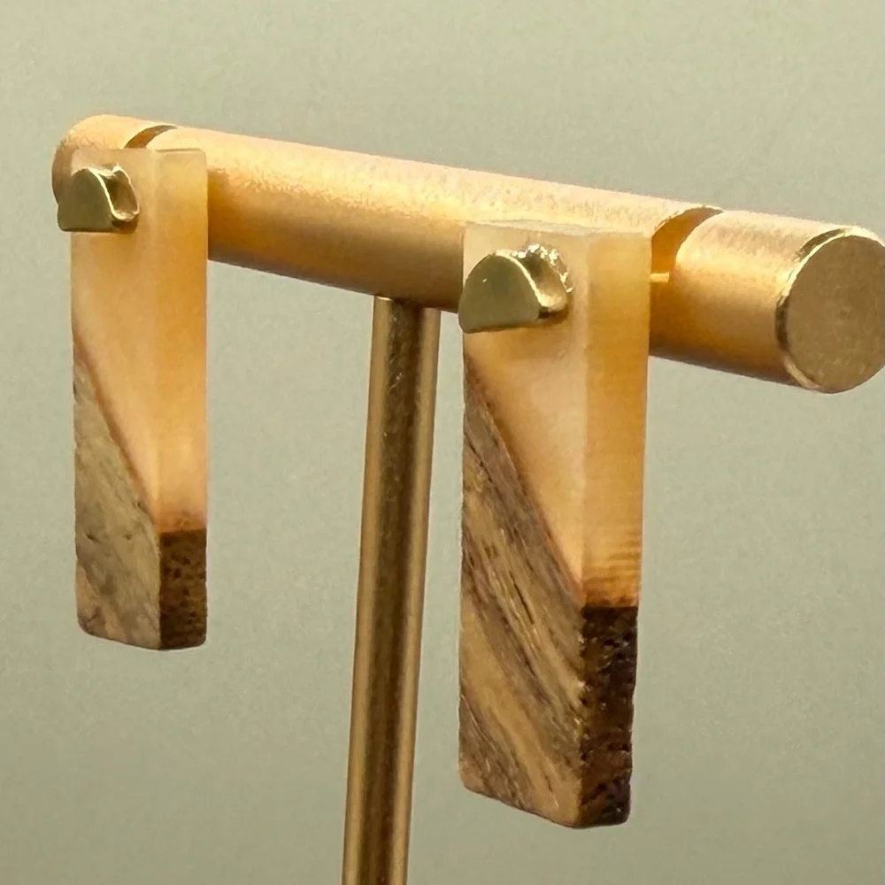 Handmade Wood & Resin Rectangle Stud Earrings – Neutral Boho Minimalist